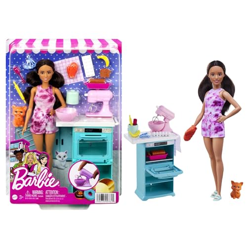 Barbie-Küchenspielzeug, gewellten braunen Haaren, Accessoires, Backspielzeug, Kätzchen, inkl. 1 Puppe, Geschenk für Kinder, Spielzeug ab 3 Jahre,HCD44 von Barbie