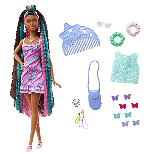 Barbie Totally Hair, Puppe mit blauem, rosa & schwarzem Haar, buntes Schmetterlingskleid, Haarspangen, Haarschmuck, Accessoires, 15+ Teile, Geschenk für Kinder ab 3 Jahren,HCM91 von Barbie