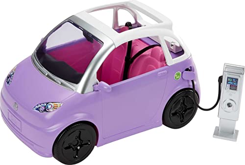 Barbie-Auto, Cabrio, Elektroauto lila mit Ladestation und Kabel, rosa Innenausstattung, bewegliche Räder, Puppe Nicht enthalten, Geschenk für Kinder ab 3 Jahren,HJV36 von Barbie