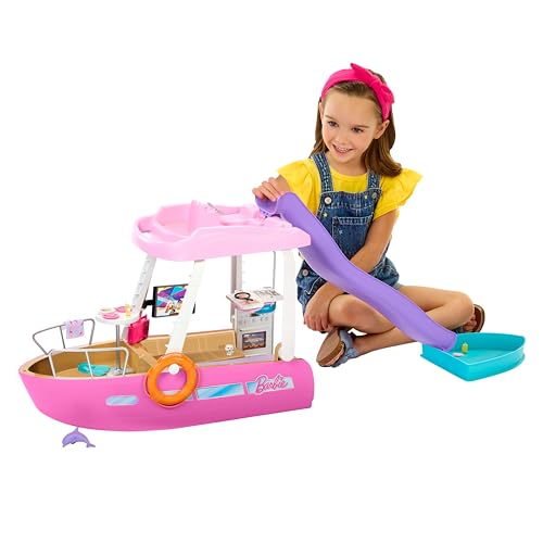 Barbie Dream Boat (111 cm), Barbie-Set mit Barbie-Boot, Rutsche und Schwimmzeug, 20+ Barbie-Zubehörteile, ohne Barbie-Puppe, als Geschenk für Kinder ab 3 Jahren geeignet, HJV37 von Barbie