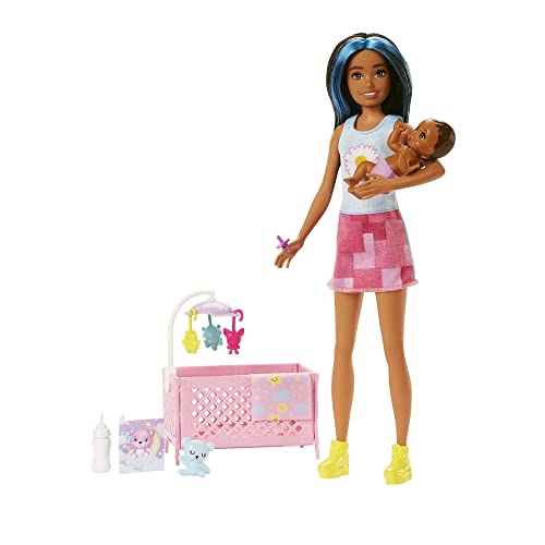 Barbie Skipper Big Babysitting Adventure, Skipper mit schwarzen und blauen Haaren, Baby mit braunen Haaren, Fläschchen, Bettchen, Zubehör, inkl. 2 Puppen, Geschenk für Kinder ab 3 Jahren,HJY34 von Barbie