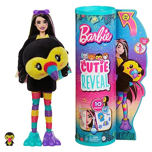 Barbie Cutie Reveal, bewegliche Tukan-Accessoires, 10 Überraschungen, Tierspielzeug, Farbwechseleffekt, inkl Cutie Reveal Puppe, Geschenk für Kinder, Spielzeug ab 3 Jahre,HKR00 von Barbie