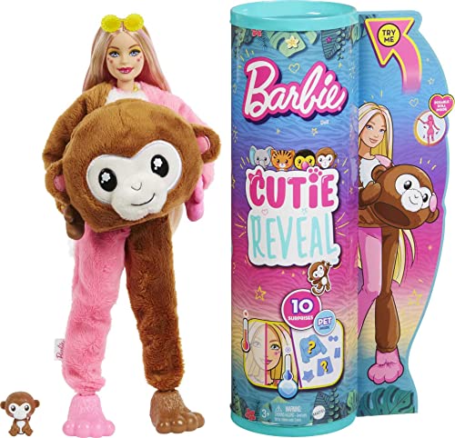 Barbie Cutie Reveal, bewegliche Affenzubehör, 10 Überraschungen, Haustier, wechselnde Farben, inkl. 1 Cutie Reveal Puppe, Geschenk für Kinder, Spielzeug ab 3 Jahre,HKR01 von Barbie