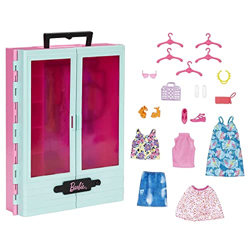 Barbie-Kleiderschrank Kleidung und Accessoires, Garderobenschrank mit Falttüren und Tragegriff, Puppen Nicht enthalten, Geschenk für Kinder, Spielzeug ab 3 Jahre,N/A von Barbie