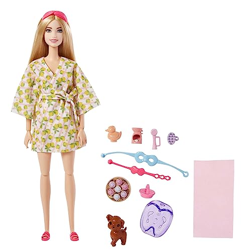 Barbie-Puppe, Kinderspielzeug, Blonde Puppe mit Hündchen, Sets, Wellnesstag, Bademantel mit Zitronen-Aufdruck, Stirnband und Augenmaske, Selbstfürsorge-Serie, HKT90 von Barbie