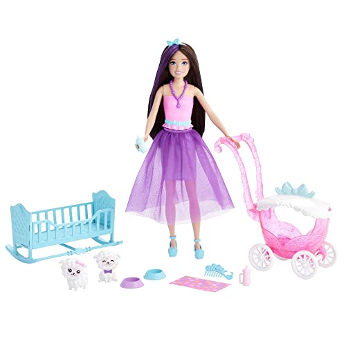 Barbie Dreamtopia Skipper Prinzessin Puppe, mit braunen Haaren, Zwei weiße Schafe, Tierkrippe, Accessoires, inkl. Skipper-Puppe, Geschenk für Kinder, Spielzeug ab 3 Jahre,HLC29 von Barbie
