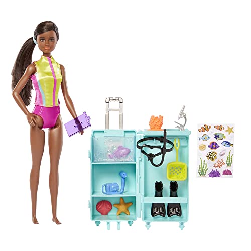 Barbie You Can Be Anything Series, Meeresbiologin, Puppe mit schwarzen Haaren, Badeanzug, Delphin, Schnorchelausrüstung, Delphin, Zubehör, Geschenk für Kinder, Spielzeug ab 3 Jahre,HMH27 von Barbie
