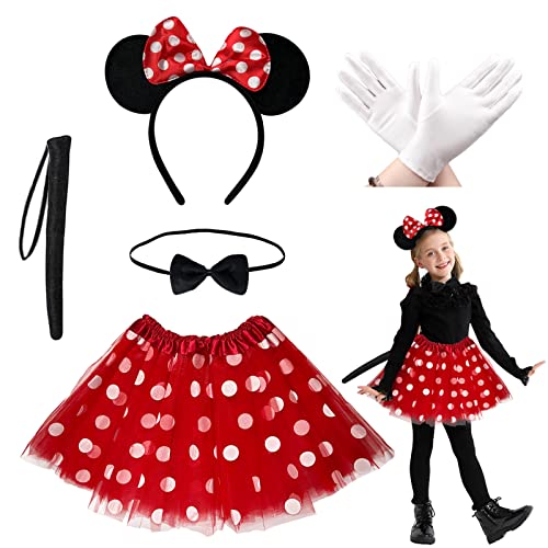 BARVERE 5 Stück Minnie Mouse Kostüm Kinder, Mickey Mouse Kostüm Set mit Tull Rock, Haarreif mit Rot Schleife & Weißen Punkten, Weiße Handschuhe, Schwänze & Krawatte für Fasching Karneval Motto Party von BARVERE