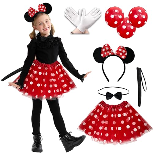BARVERE 8 Stück Mouse Kostüm Kinder, Cosplay Kostüm Set mit Tull Rock, Haarreif mit Rot Schleife & Weißen Punkten, Weiße Handschuhe, Schwänze, Ballon & Krawatte für Fasching Karneval Motto Party BARVERE 8 Stück Mouse Kostüm Kinder, Cosplay Kostüm Set mit Tull Rock, Haarreif mit Rot Schleife & Weißen Punkten, Weiße Handschuhe, Schwänze, Ballon & Krawatte für Fasching Karneval Motto Party von BARVERE
