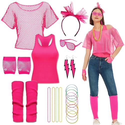 BARVERE 80er 90er Jahre Outfit Damen, 24 Stücke Workout Kostüm Mit Netzshirt, Tank Top, Beinwärmer, Netzhandschuhe Und Accessoires Für Karneval Und Halloween von BARVERE