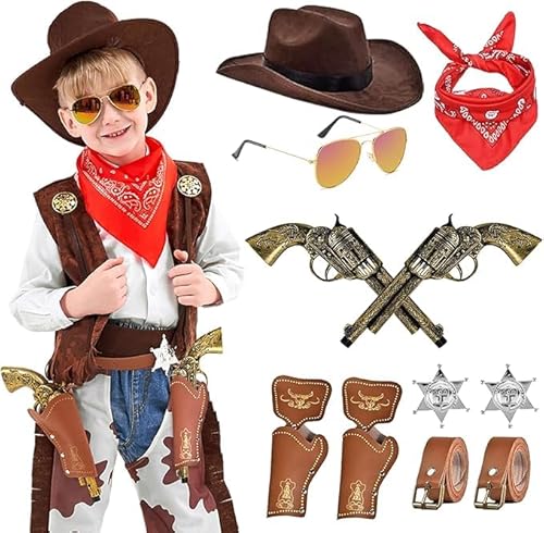 BARVERE 9 STK Cowboy Kostüm Zubehör Kinder, 2025 Western Cowboy Zubehör mit Cowboyhut, Halstuch, Gürtel, Sonnenbrille Spielzeugpistole und Pistolenholster, Karneval Cosplay Halloween Party Dress Up BARVERE 9 STK Cowboy Kostüm Zubehör Kinder, 2025 Western Cowboy Zubehör mit Cowboyhut, Halstuch, Gürtel, Sonnenbrille Spielzeugpistole und Pistolenholster, Karneval Cosplay Halloween Party Dress Up von BARVERE