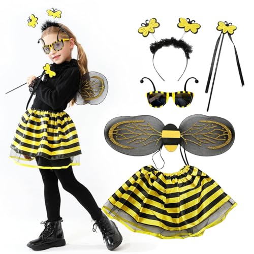 BARVERE Bienen Kostüm Kinder, Bienenkostüm Mädchen mit Tüllrock, Flügel, Zauberstab, Bienengläser und Haarreif, Girl Bee Cosplay Costume für Carnival Fasching Karneval Motto Party von BARVERE