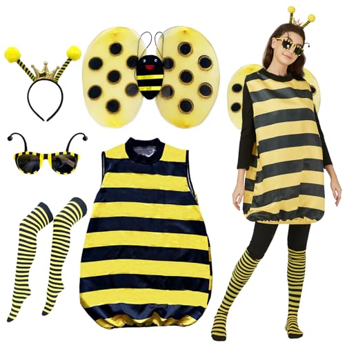 BARVERE Bienenkostüm Erwachsene, Karneval Kostüm Damen mit Bienenkostüm, Flügel, Beinärmel, Haarreif und Bienenspiegel, Hummel Kostüm Erwachsene, Karneval Dress Up Party Cosplay-L von BARVERE