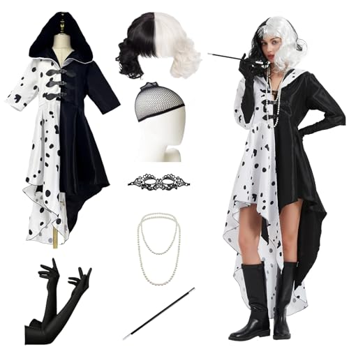 BARVERE Cruella Devil Kostüm Damen Set, Halloween Kostüm Damen mit Cruella Kleid, Perücke, Haarnetz, Handschuhe, Perlenkette, Augenschirm, Costume Film Charakter Verkleidung Damen für Karneval Party-M BARVERE Cruella Devil Kostüm Damen Set, Halloween Kostüm Damen mit Cruella Kleid, Perücke, Haarnetz, Handschuhe, Perlenkette, Augenschirm, Costume Film Charakter Verkleidung Damen für Karneval Party-M von BARVERE
