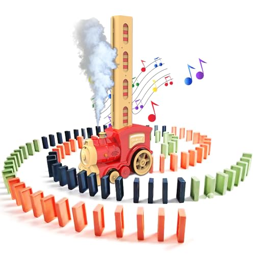 BARVERE Dampfzug Spielzeug, Domino Zug Spielzeug mit Lichtern und Klang, 80 Pcs Dominosteine, Domino Train für Mädchen und Jungen ab 2 Jahren, Automatische Platzierung von Domino Express -Rot von BARVERE