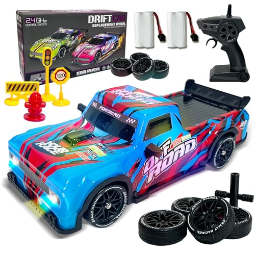 BARVERE Ferngesteuertes Auto, Drift Rc Auto mit 2 Akku, Driftfunktion & LED-Leuchten, Hobby Driftauto mit Regenreifen und Trockenreifen für Rennen & Offroad-Abenteuer, RC Car für Erwachsene & Kinder von BARVERE