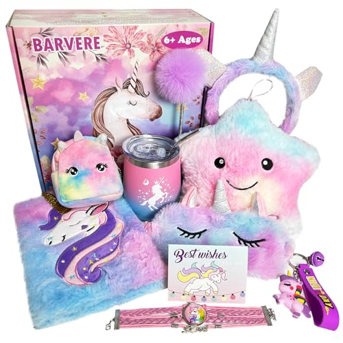 BARVERE Einhorn Geschenke für Mädchen, Einhorn Kuscheltier Spielzeug für 6 7 8 9 10 Jährige, Spielzeug Mädchen Set mit Augenmaske Stirnband Trinkflasche Kissen, Geburtstag Geschenk von BARVERE