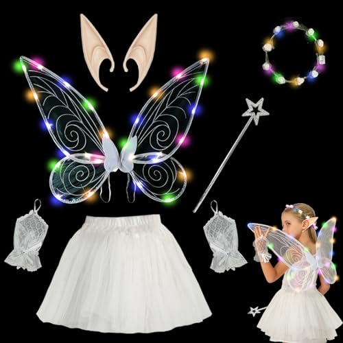 BARVERE Feen Kostüm Damen, 8 Stück LED Feen Flügel Leuchtende, Waldfee Kostüm Mädchen Damen mit Tüllrock Damen, Feenflügel Kinder Erwachsene Led für Karneval Party-Farbe von BARVERE