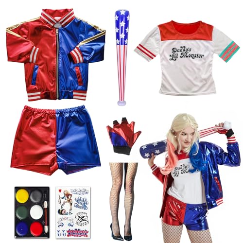 BARVERE Harley Quinn Kostüm Damen Erwachsene, Cosplay Kostüme mit Jacke, T-Shirt, Shorts, Handschuh, Aufblasbarer Baseballschläger, Kinderschminke und Seidenstrümpfe für Karneval Halloween-XL von BARVERE