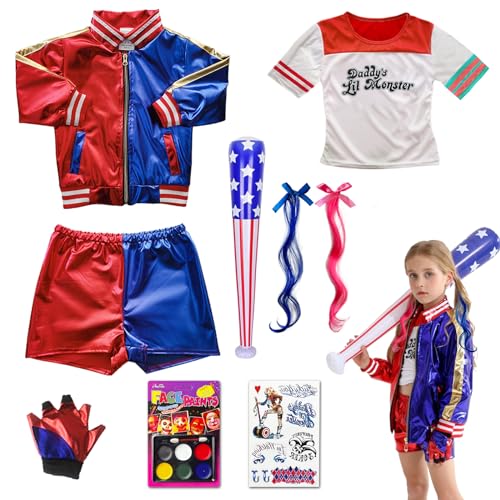 BARVERE Harley Quinn Kostüm Kinder, Cosplay Kostüme mit Jacke, T-Shirt, Shorts, Handschuh, Aufblasbarer Baseballschläger, Kinderschminke und Perücke, Karneval Kostüme -140cm von BARVERE