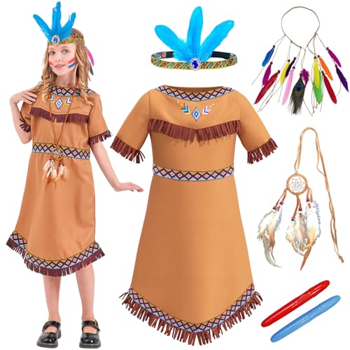 BARVERE Indianer Kostüm Kinder Mädchen, Indianer Kleid mit Kopfschmuck Feder Stirnband Haarschmuck, Traumfänger Indianer-Kostüm Mädchen 4 5 6 7 8 9 10 Jahre Karneval Halloween Party Cosplay-120 von BARVERE