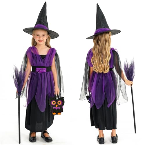BARVERE Mädchen Hexenkostüm, Hexenkleid Farbe Kleid mit Hexenhut, Besenstiel und Eulen-Tasche für Kinder（Größe: 100） von BARVERE