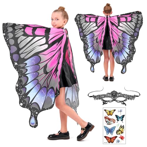 BARVERE Schmetterling Kostüm Kinder, Schmetterlingsflügel Kinder mit Augenmaske und Schmetterling Aufkleber, Prinzessin Party Elfen Set Cosplay Faschingkostüme für Halloween Karneval - C von BARVERE