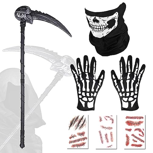 BARVERE Sense Halloween, Halloween Sensenmann Sense Set mit Schädel Gesichtsmaske, Handschuhe und Halloween Tattoo, Halloween Requisiten Sense für Halloween Karneval Party Dekoration Cosplay BARVERE Sense Halloween, Halloween Sensenmann Sense Set mit Schädel Gesichtsmaske, Handschuhe und Halloween Tattoo, Halloween Requisiten Sense für Halloween Karneval Party Dekoration Cosplay von BARVERE