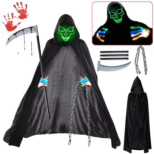 BARVERE Sensenmann Kostüm, Leuchtende Maske Set mit Sensemann Umhang, Handschuhe, Halloween Sense und Kette, Halloween Kostüm Unisex für Party Karneval Cosplay von BARVERE