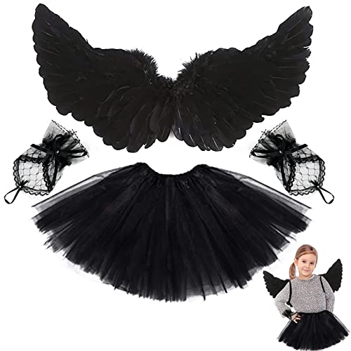 BARVERE Teufel Kostüm Damen Mädchen, 60CM Schwarzer Engel Kostüm Damen Set mit Rock, Handbestickt Handschuhe und Flügeln, Schwarze Engelsflügel für Halloween Karneval von BARVERE