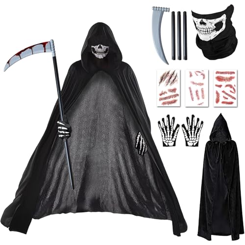 BARVERE Teufel Kostüm Karneval, 2024 Sensenmann Kostüm Damen & Herren, Totenkopf Maske Set mit Sensemann Umhang, Halloween Sense und Handschuhe, Totenkopf Kostüm Unisex für Cosplay Halloween Karneval BARVERE Teufel Kostüm Karneval, 2024 Sensenmann Kostüm Damen & Herren, Totenkopf Maske Set mit Sensemann Umhang, Halloween Sense und Handschuhe, Totenkopf Kostüm Unisex für Cosplay Halloween Karneval von BARVERE