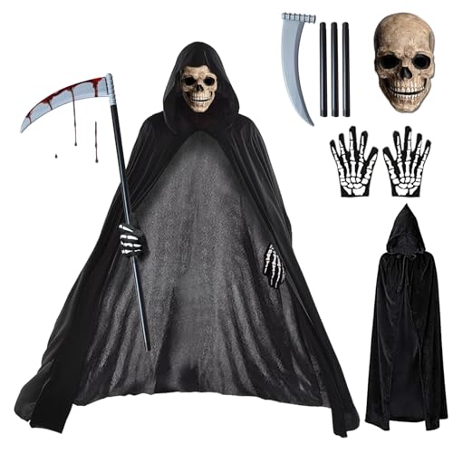 BARVERE Sensenmann Kostüm, Totenkopf Maske Set mit Sensemann Umhang, Halloween Sense und Handschuhe, Halloween Kostüm Unisex für Cosplay Halloween Party Totenkopf Kopfbedeckung von BARVERE