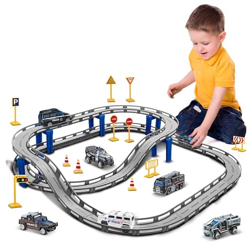 BASAMOU Elektrische Eisenbahn Kinder 3 4 5 6 7 8 Jahre, Autorennbahn Rennbahn Zugspielzeug Kinder, Rennstrecke Schienen Auto Spielzeug Elektroauto Cars Junge Mädchen Geschenk (mit 4 Zufallsfahrzeugen) von BASAMOU
