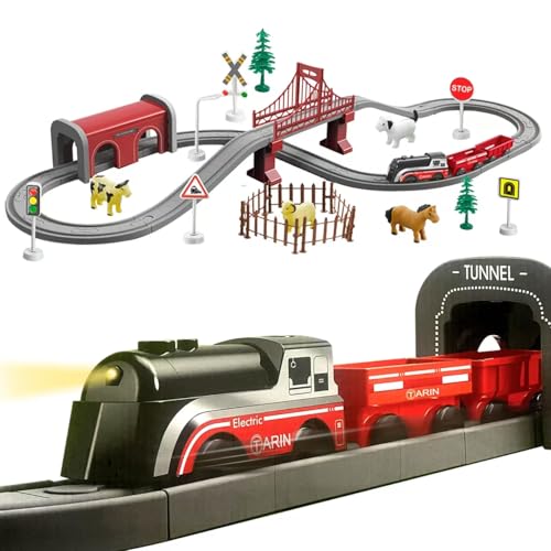 BASAMOU Elektrische Eisenbahn Kinder 3 4 5 6 7 8 Jahre, Autorennbahn Rennbahn Zugspielzeug, Rennstrecke Schienen Bahn Flexible Track mit 70 Teilen, Junge Mädchen Geschenk Geburtstag Weihnacht von BASAMOU