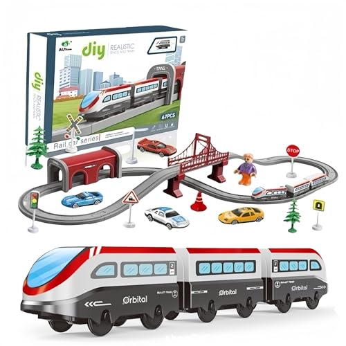 BASAMOU Elektrische Eisenbahn Kinder 3 4 5 6 7 8 Jahre, Rennstrecke Schienen Auto Spielzeug, Flexible Track Spiele mit 67 Teilen, Elektroauto Cars Spielzeug Junge Mädchen Geschenk von BASAMOU