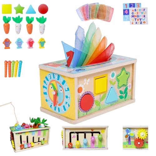 BASAMOU Montessori Spielzeug Ab 6 Monate, 8 in 1 Holzspielzeug Tücherbox Seidentücher 0-12 Monate, Motorikspielzeug Steckspiel Kinder 1-3 Jahr Sensorik Spielzeug Jungen Mädchen Baby Geschenk von BASAMOU