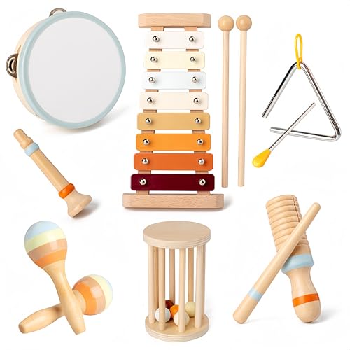 BASAMOU Musikinstrumente für Kinder Ab 3 Jahre, 7 in 1 Xylophon-Trommel-Percussion Schlagzeug, Montessori Holzspielzeug Baby für Mädchen Junge von BASAMOU