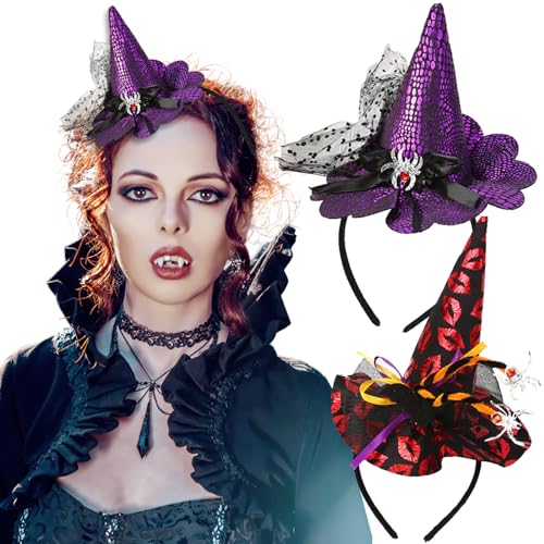 BASEMMAHER 2 Stück Halloween Hexenhut Zauberer Pailletten Stirnband für Frauen, Hexe Kopfbedeckung Spinnennetz Hexenhut Kopfschmuck Haarschmuck für Halloween Party Cosplay Kostüm Zubehör (lila/rot) von BASEMMAHER