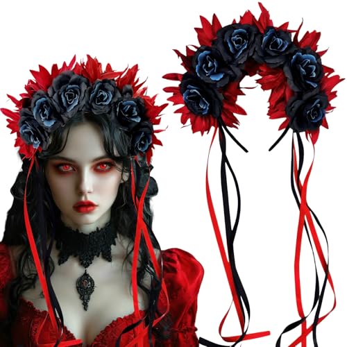 BASEMMAHER Mexikanisches Blumen-Stirnband, Tag der Toten, Rosenkrone mit Schleife, Kopfbedeckung für Damen, Halloween, Cosplay, Party, Rot / Schwarz von BASEMMAHER