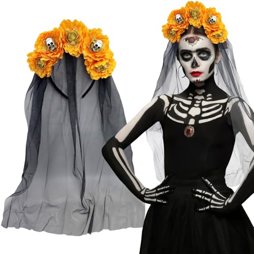 Gothic Blume Stirnband mit Schleier Tag der Toten Rose Floral Skull Krone Kopfschmuck für Frauen Halloween Cosplay (Schwarz Gelb) von BASEMMAHER