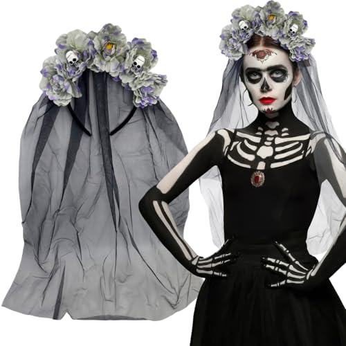Gothic Blume Stirnband mit Schleier Tag der Toten Rose Floral Skull Krone Kopfschmuck für Frauen Halloween Cosplay (Schwarz Grau) von BASEMMAHER