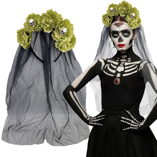 Gothic Blume Stirnband mit Schleier Tag der Toten Rose Floral Skull Krone Kopfschmuck für Frauen Halloween Cosplay (Schwarz Grün) von BASEMMAHER