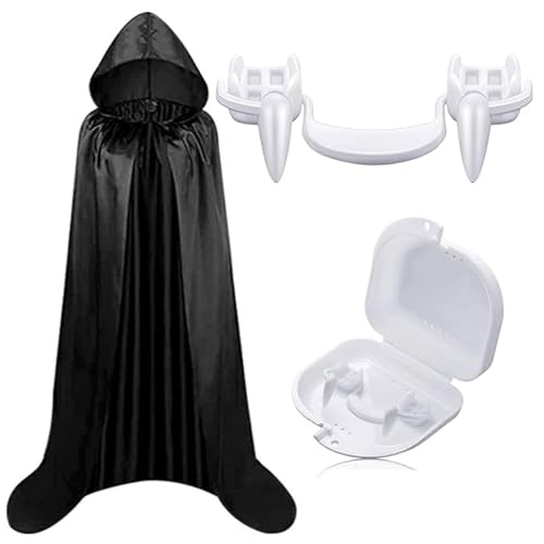 BASTOUR Halloween Vampir Kostüm Umhang mit Kaputze, Schwarzer Umhang mit Kapuze, Vampir Umhang mit Kapuze, Dracula Zähne, Einziehbare Vampirzähne(180cm) von BASTOUR