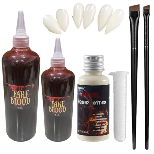 Kunstblut Halloween, Kunstblut Set, 30ml Latexmilch+3 Paar Vampirzähne+2 Pinsel+60ml Künstliches Frisches Blut+30ml Dunkelrotes TheaterBlut, Halloween Blut, Halloween Karneval Party Cosplay Makeup von BASTOUR
