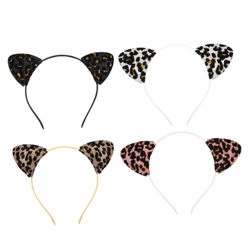 BATHVEVE 4 Stück Teiliges Katzenohren Stirnband mit Leopardenmuster Kreative Haarschmuck für Partys Cosplay und Fotoshootings Schwarz Silber und Gold von BATHVEVE