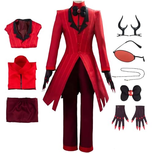 BAWKGDB Alastor Cosplay-Kostüm Hazbin Hotel Cosplay mit Brille Perücke Halloween Rot Komplettset (Rot, M) von BAWKGDB