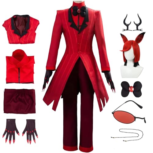 BAWKGDB Alastor Cosplay-Kostüm Hazbin Hotel Cosplay mit Brille Perücke Halloween Rot Komplettset (Rot + Perücke, M) von BAWKGDB