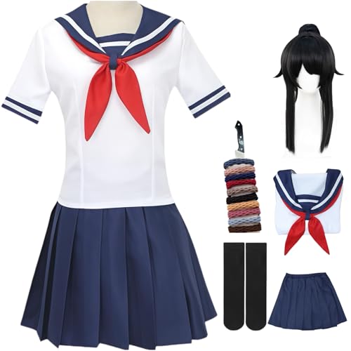 BAWKGDB Ayano Aishi Cosplay Kostüm Yandere Simulator Cosplay Damen Matrosenanzug Japanische Schuluniform Halloween Set (Weiß+wig, S) von BAWKGDB