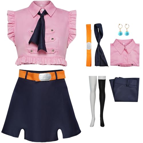 BAWKGDB Elizabeth Liones Cosplay-Kostüm mit Blauer Langer Perücke und Ohrringen, Halloween-Set für Damen (Pink, M) von BAWKGDB
