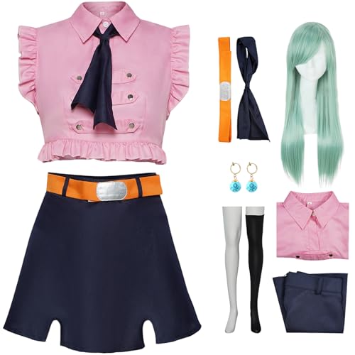 BAWKGDB Elizabeth Liones Cosplay-Kostüm mit Blauer Langer Perücke und Ohrringen, Halloween-Set für Damen (Pink + Perücke, 3XL) von BAWKGDB